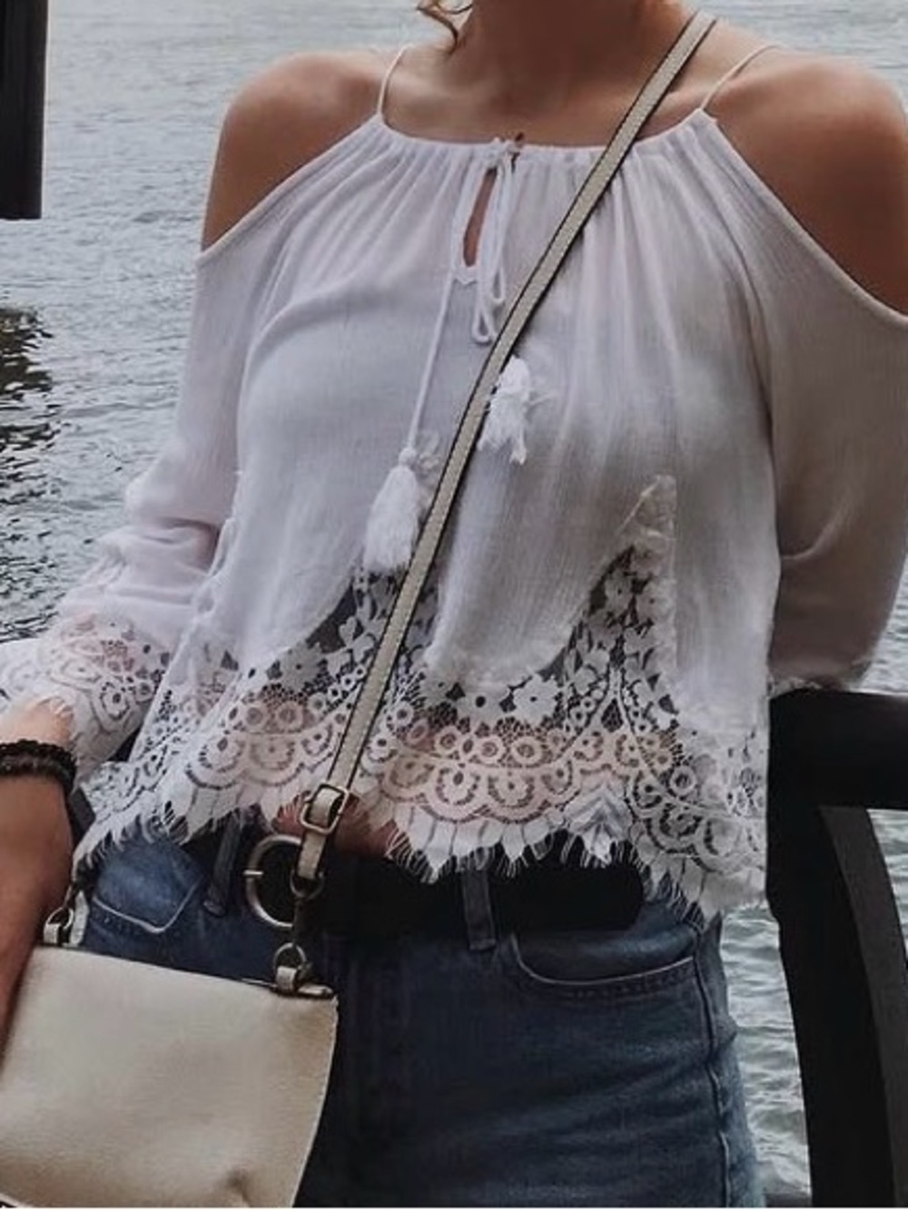 Boho Cold-Shoulder Lace Trim Blouse — White